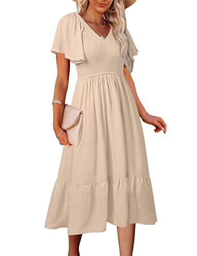 MEROKEETY Women's Summer Flutter Short Sleeve Smocked Midi Dress Flowy