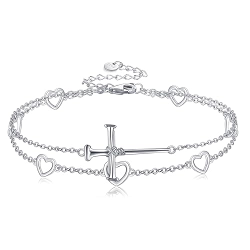 ONEFINITY Nail Cross Anklet S925 Sterling Silver Cross Heart Layered