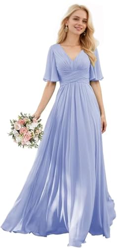 Faxpox V Neck Ruched Lavender Chiffon Bridesmaid Dresses with Slit