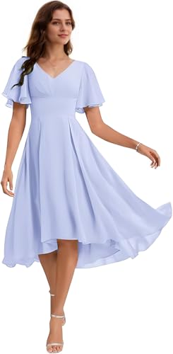 Faxpox Lavender Short Bridesmaid Dresses Chiffon Ruffle Sleeves A Line