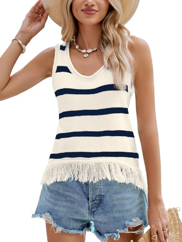 CUPSHE Women Tops Crochet Sleeveless Scoop Neck Tee Frayed Hem