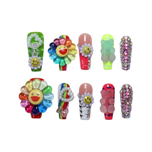 ArtiPrint Reusable Press on Nails with Rainbow sunflower bear rhinestone