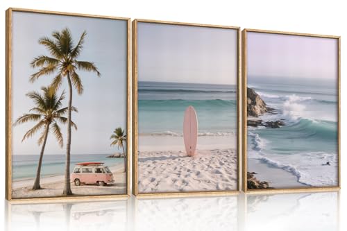 HPINUB Beach Seascape Framed Canvas Wall Art Set,Palm Tree Surfboard