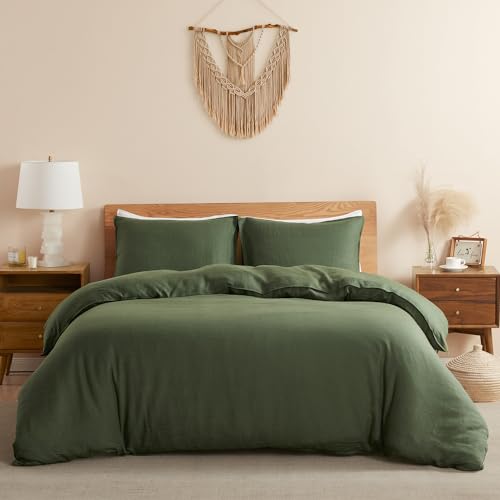 DAPU 100% Linen Olive Green Duvet Cover Set, Pure Natural