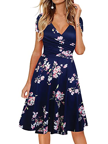 oxiuly Women's Floral Summer Casual Dress Chic V-Neck Party Tea