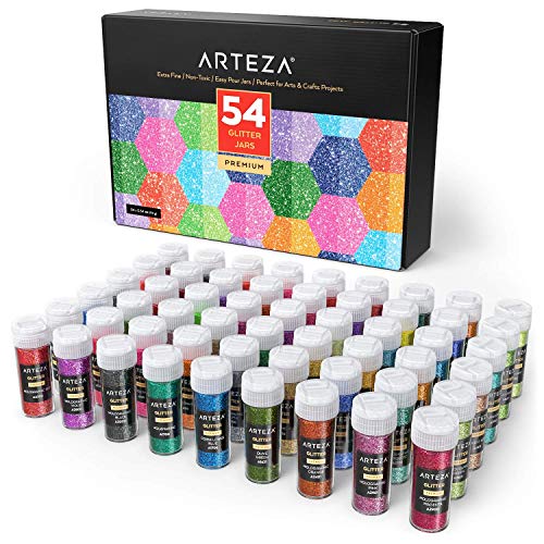 Arteza Fine Glitter, Set of 54 Colors, Shaker Jars (0.34oz/9.6