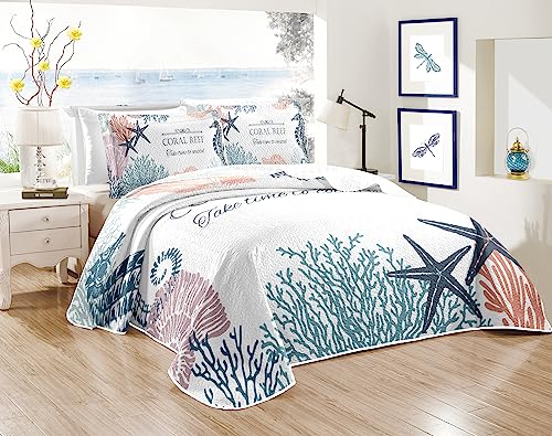 Coastal Bedding Queen Size with 2 Shams, Nautical Beach Comforter