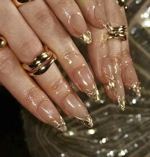 Gold Foil French Tips Press on Nails | Medium Almond