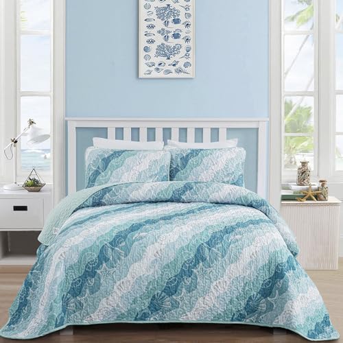 Dinjoy Summer Coastal Quilt Set Queen Size, Blue Green Ocean