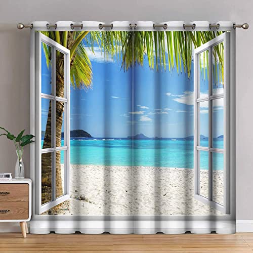 Jekeno Ocean Beach Palm Trees Blackout Curtains Summer Tropical Island