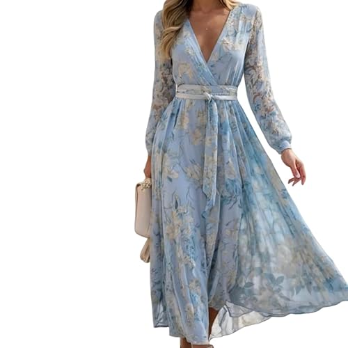 Women's Stunning Floral Print Blue Maxi Dress Elegant V Neck