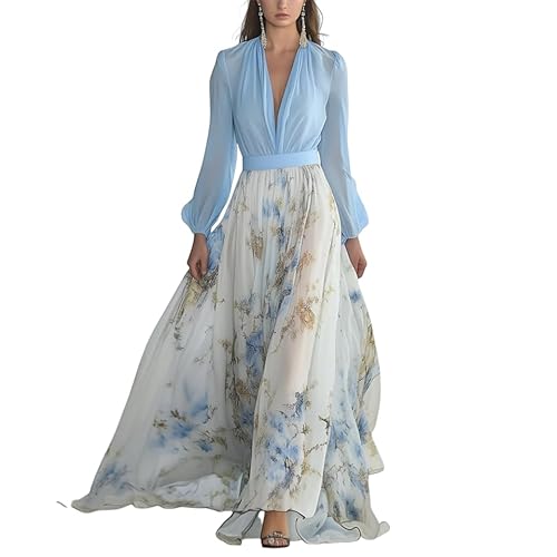 Women's Stunning Blue Floral Print Maxi Dress Elegant V Neck