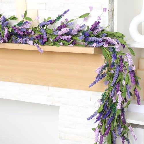 XunYee 2 Pcs 6 ft Artificial Lavender Garland for Mantle