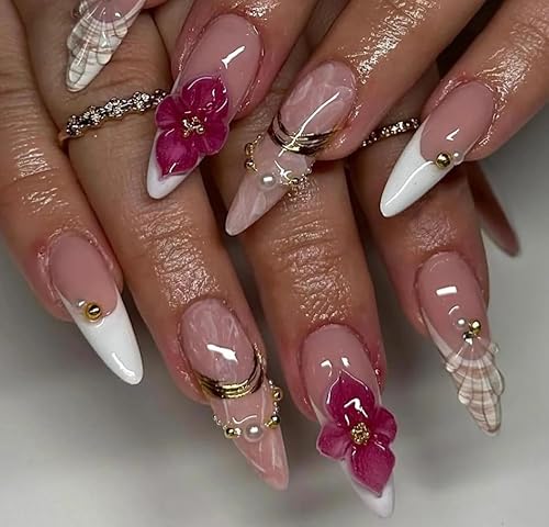 Handmade 3D Floral Press On Nails | Pink Marble&Gold Accent