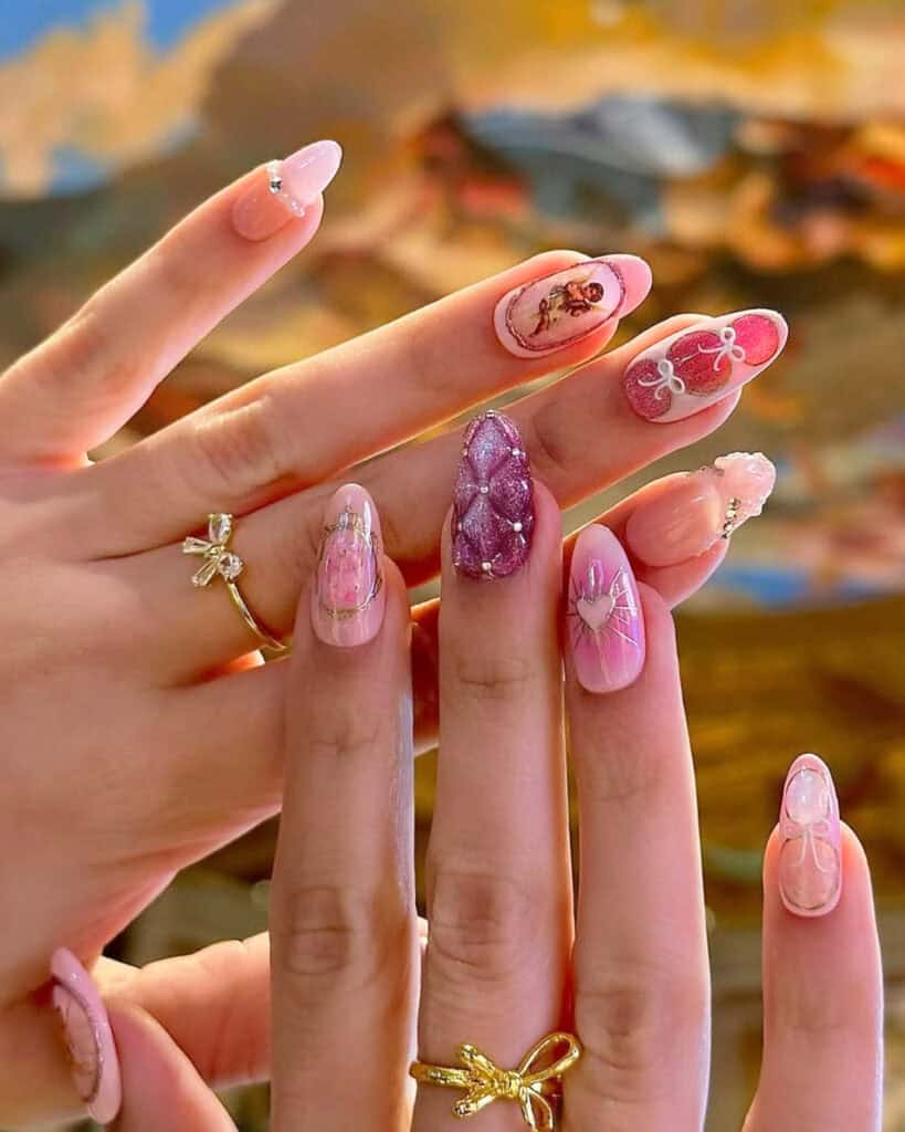 Blue and white floral rococo nails