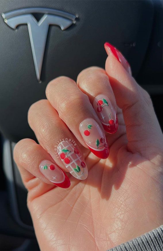 Minimalist cherry nail art